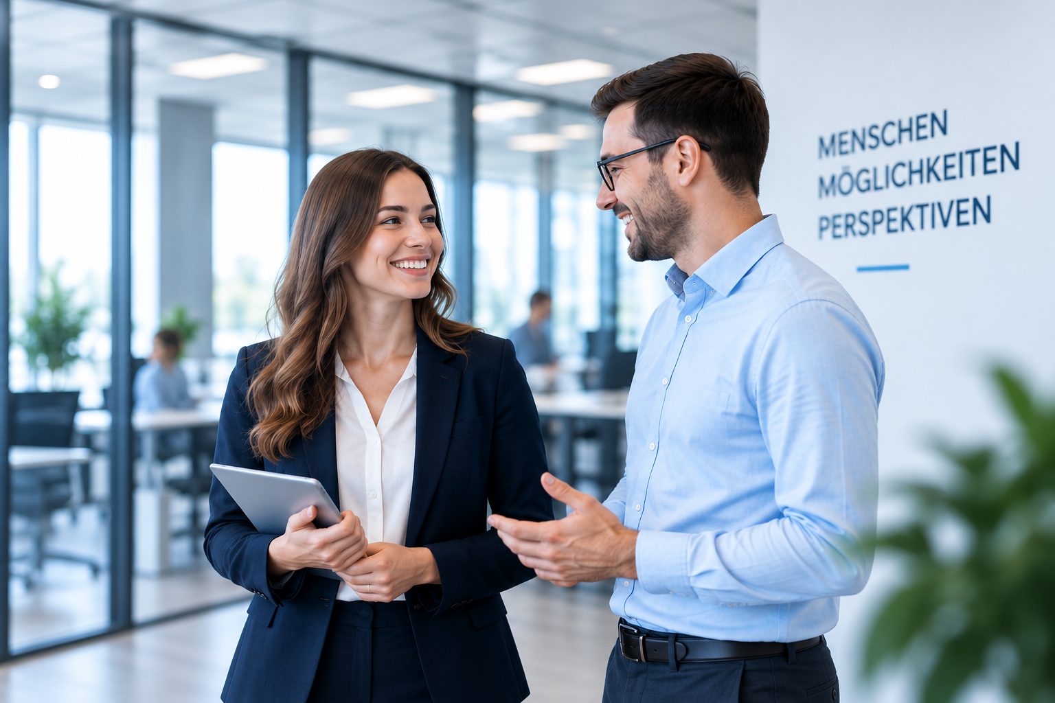 Beraterin und Berater im Gespräch im Büro von Personalnetzwerk OWL